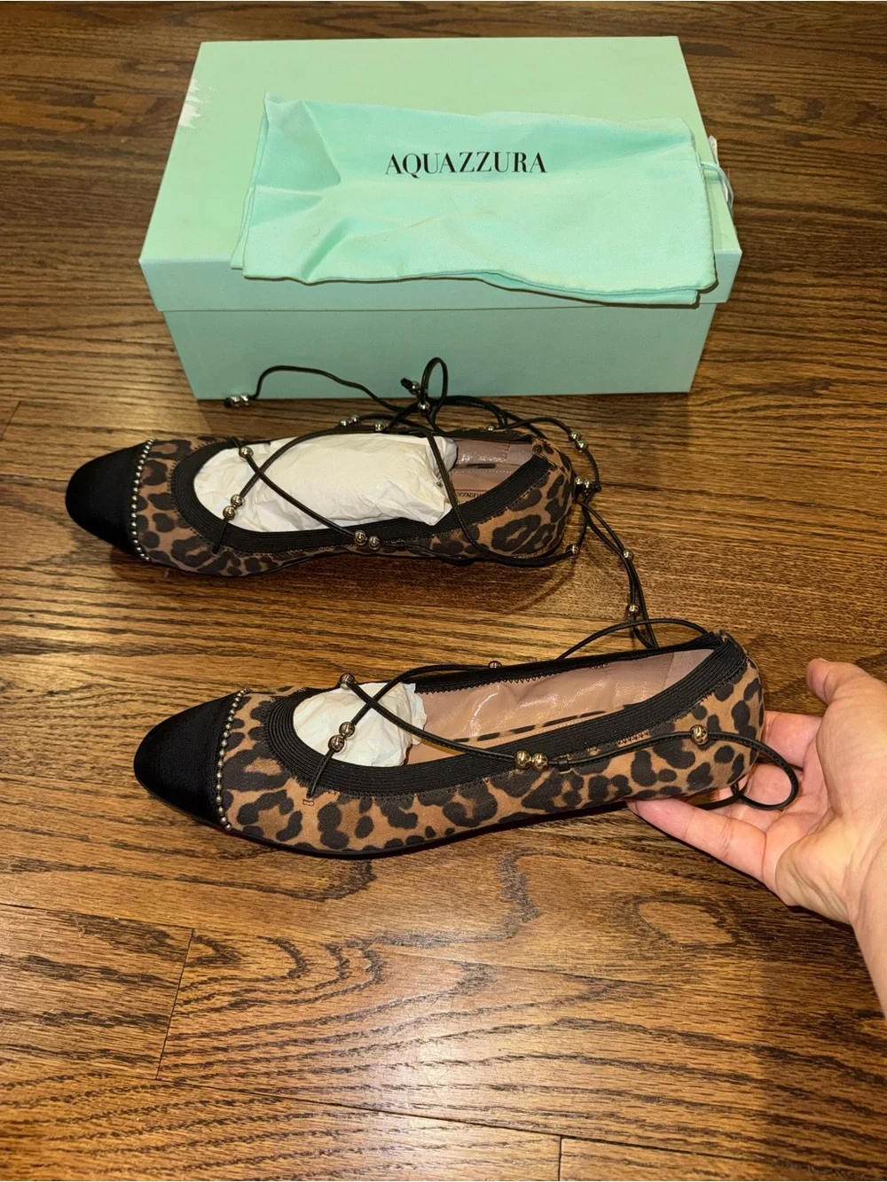New Size 39.5 Aquazzura Leopard Print Suede and Fabric Tie Up Ballet Flats